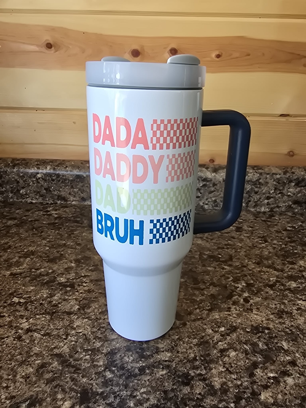 White Travel Tumbler with Colorful 'DADA DADDY DAD BRUH' Text